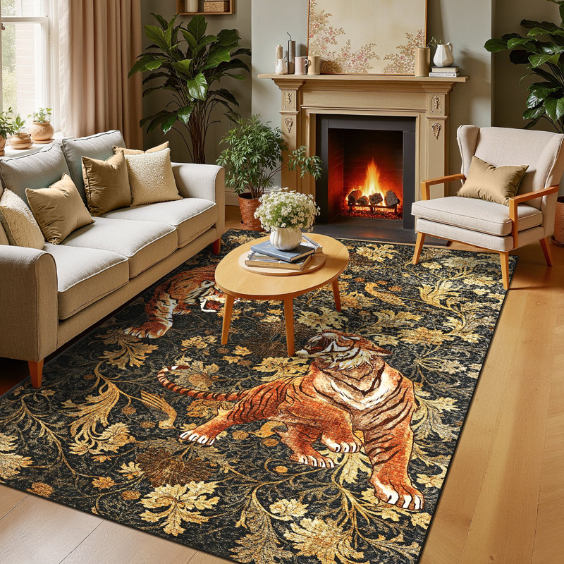 Tapis lavables Tiger pour tapis de salon Vintage, Brun, Rectangle 6 pi x 9 pi