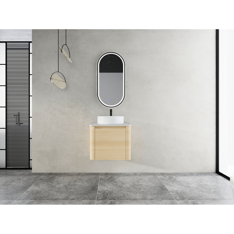Meuble-lavabo de 24 po avec lavabo d'art en céramique, 1 porte, contreplaqué - style moderne, couleur chêne blanc américain, dalle de pierre, surface lisse, facile à nettoyer, rangement spacieux, charnières, 45 poignées dissimulées