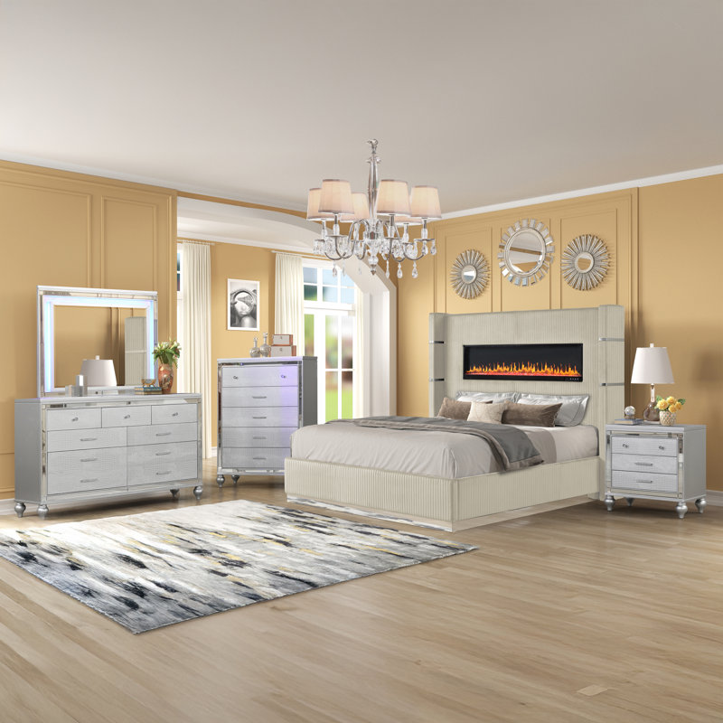 Ashray Upholstered Wingback 5 Piece Bedroom Set, Queen, Beige
