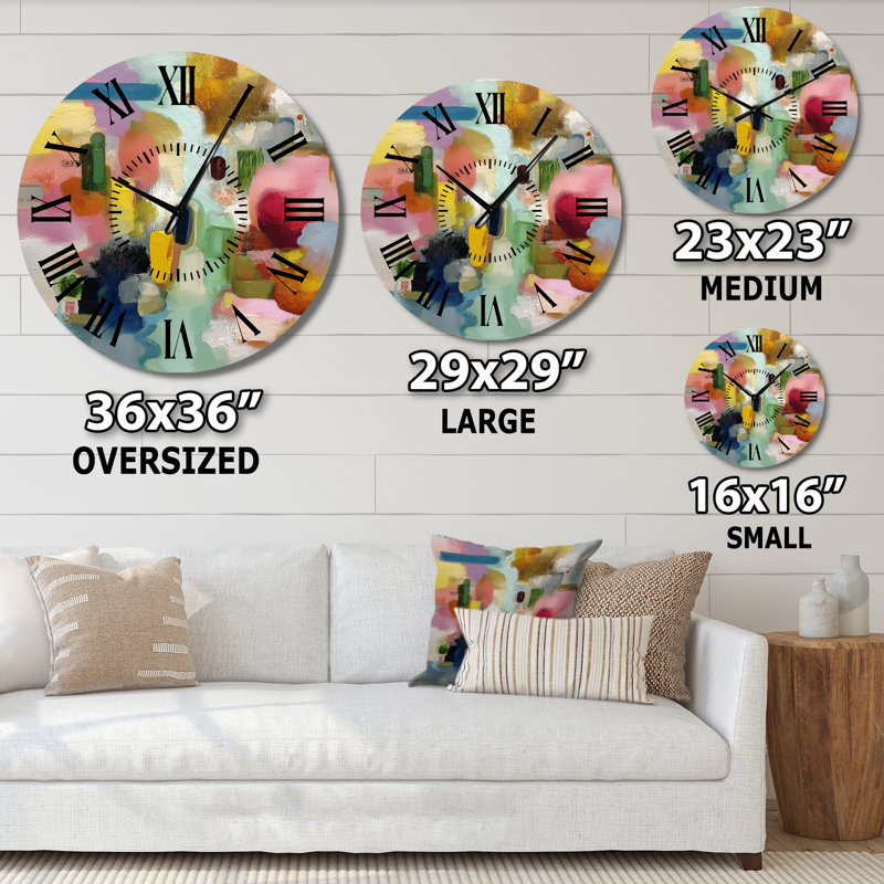 Horloge murale Mid-Century rose en métal avec formes jaunes, Surdimensionné