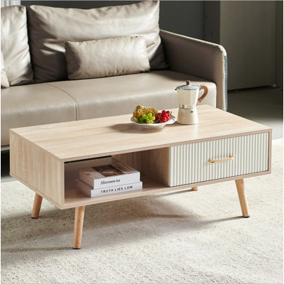 Table basse rectangulaire avec pieds en bois massif, tiroir coulissant pour le rangement, table moderne pour le salon