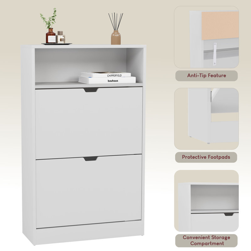 2 Drawer Shoe Cabinet with Open Shelf Modern Storage Furniture for Hallway Living Room Bedroom, White