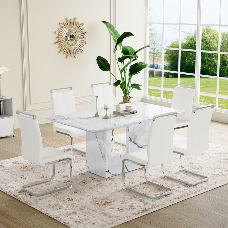 Ensemble de cuisine et salle à manger Modern, table de salle à manger en marbre avec chaises rembourrées, Blanc