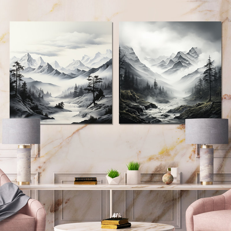 «Black and White Mountains Landscape Fog I», ensemble de 2 impressions murales sur métal, H 29 po x l 58 po