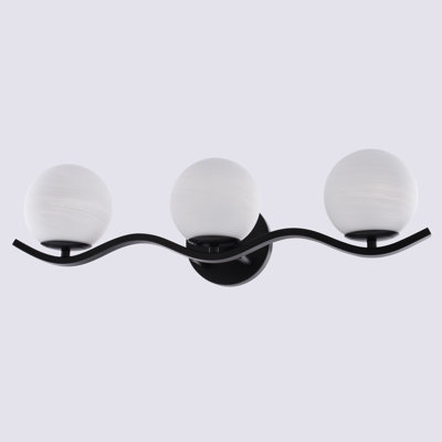 Monticello 3-Light 22 In. Wide Matte Black Bathroom Vanity Lighting Fixture, White Alabaster Glass Globe Shade, Dimmable, Reversible Over The Mirror Mounted Steel Wall Sconce