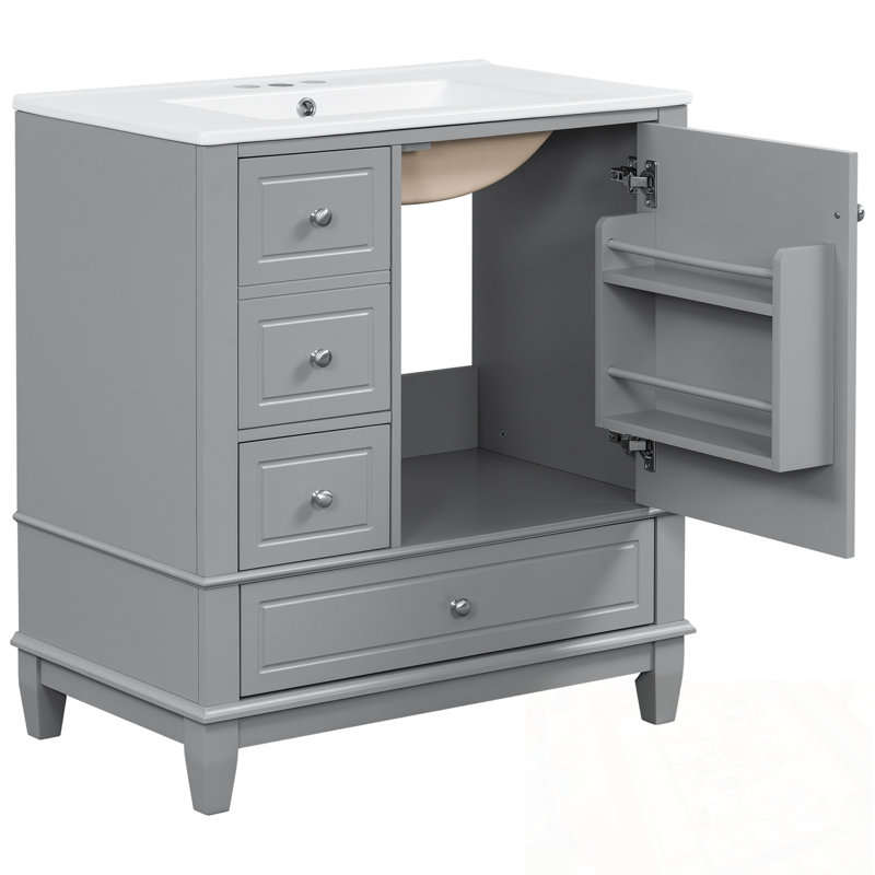 Meuble-lavabo avec lavabo, tablette de porte et trois tiroirs, Gris