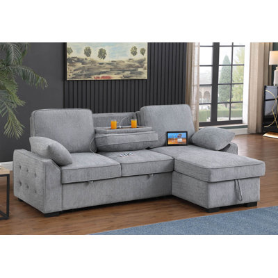 Jorah 91-Inch Chenille Fabric Reversible Sleeper Sectional Sofa With Storage Chaise, Drop-Down Table, Cup Holders & USB/USB-C Charging Ports