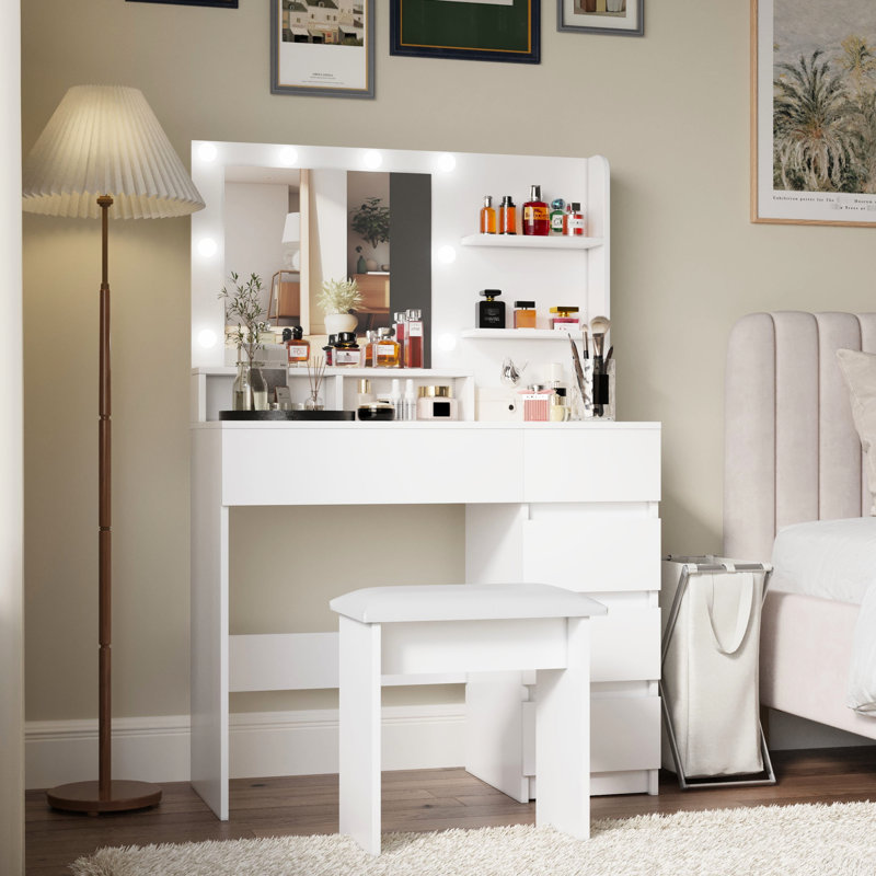 Coiffeuse de maquillage avec miroir, 3 luminaires, 4 tiroirs, rangement suffisant, luminosité réglable blanche, espace spacieux