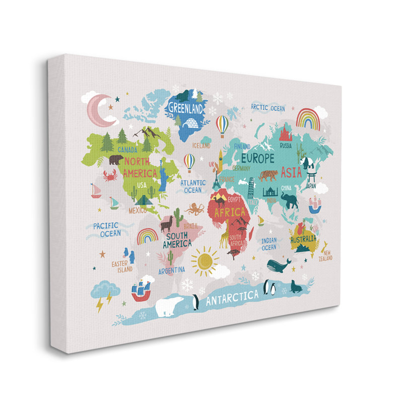 «Native Animals World Map» par Lisa White boutons - reproduction d'art sur toile tendue, H 30 po x l 40 po x P 1,5 po