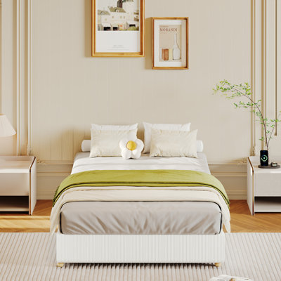 Minimalist Cloud Bed Frame Twin Size - Corduroy Upholstered, Low Platform, Solidified Wood Round Legs, No Headboard, No Box Spring Needed, Quiet & Easy Assembly, White Corduroy, TWIN Size