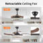 48" Contemporary Crystal LED Retractable Ceiling Fan With Light And Remote Control, 6-Speed Quiet Reversible DC Motor,4 Blades Modern Ceiling Fans For Kitchen Bedroom Dining Room Patio