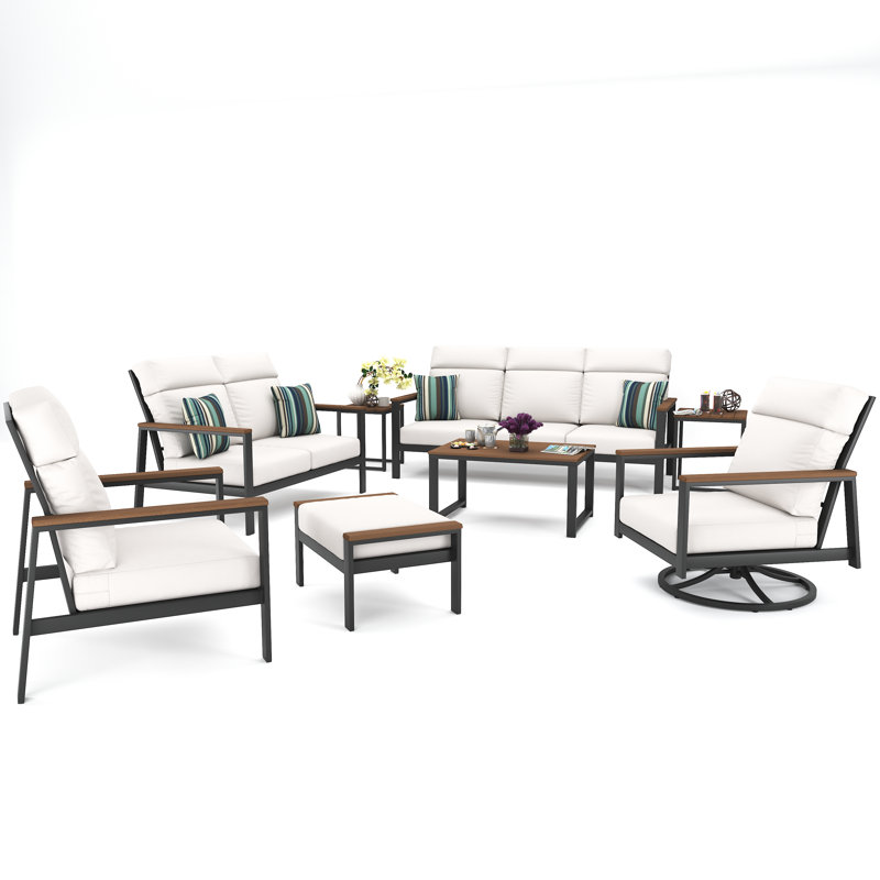 Ensemble de conversation pour 7 personnes avec coussins Sunbrella Chesler, Toile blanche, Gris foncé / brun