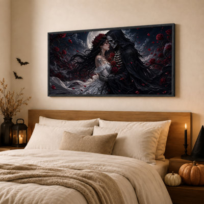 Art mural sur toile gothique squelette et femme sous la pleine lune