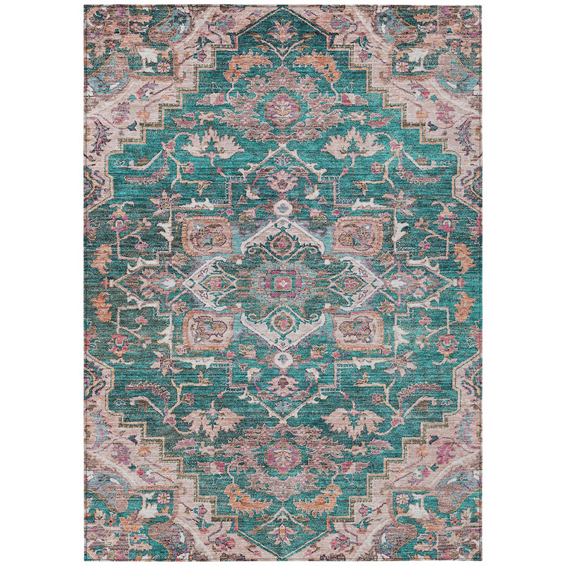 Tapis intérieur / extérieur oriental lavable bleu sarcelle et beige 10 'x 14' Emerald