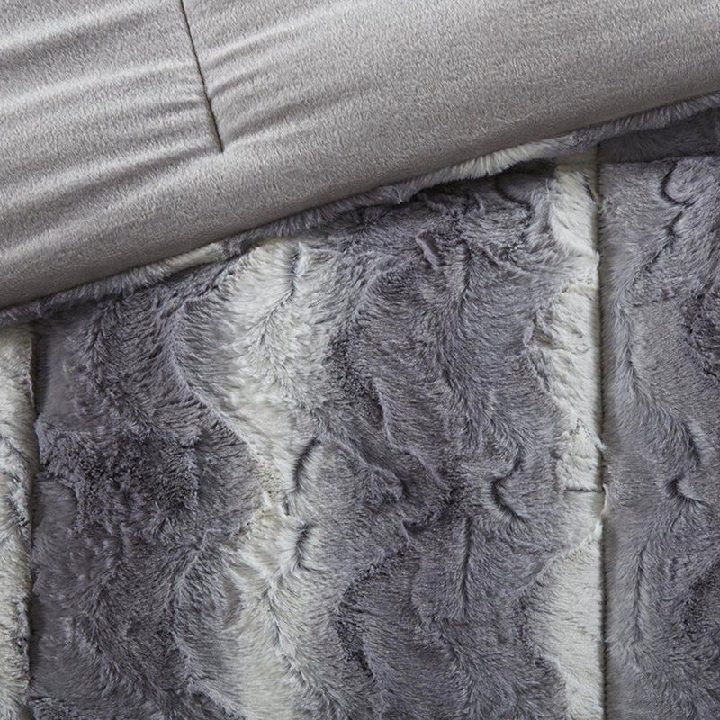 Faux Fur King Comforter , Grey Color, , 100% Fill, 4Pc Grey, ,