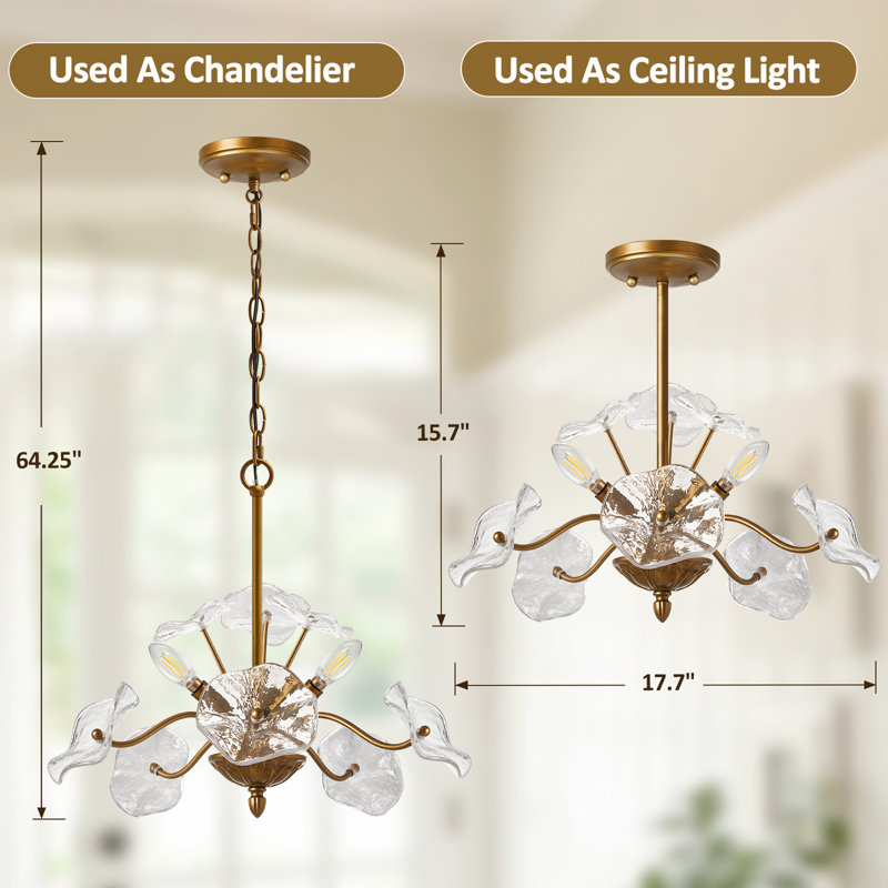 Lustre convertible 3 lumières rétro avec abat-jour en verre floral, plafonnier à hauteur réglable, Doré