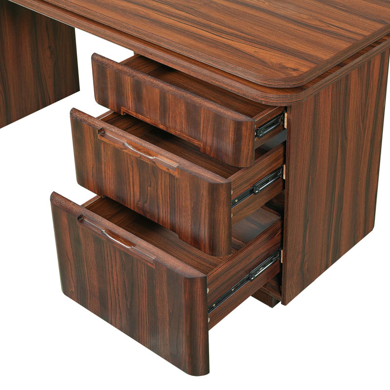 Bureau moderne en L 90 po en noyer avec 3 tiroirs, bureau pivotant à 360 ° en bois, bureau de direction, bureau d'angle, poste de travail de bureau, pour le bureau à domicile ou le salon