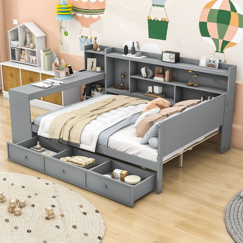 Lit de jour Assante avec bureau intégré et tiroirs de rangement intégrés, Gris, Double