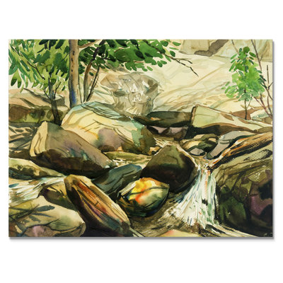 Soleil asiatique sur pierre et rivière - reproduction sur toile flottante