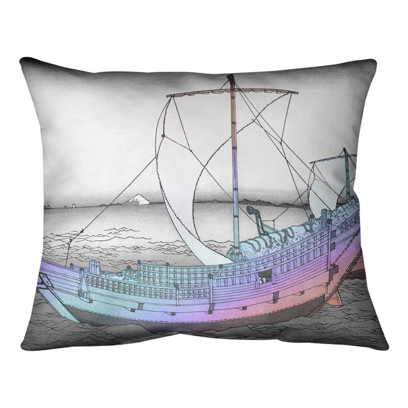 Katsushika Hokusai Reversible Throw Pillow, 20" x 14", Red;Blue Ship, Down Alternative