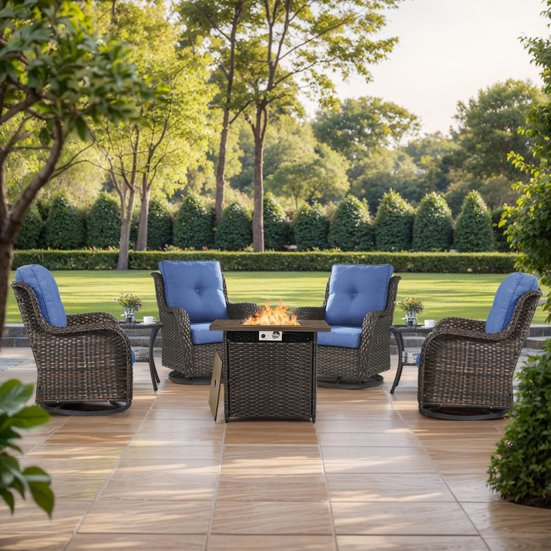 Wendye 7-Piece Outdoor Fire Pit Conversation Set With 4 Swivel Chairs & 2 Side Tables, Brown, Blue