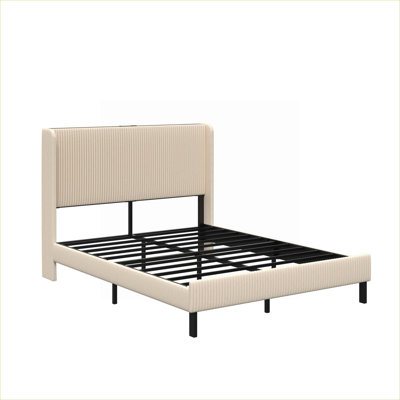 Charging Station Platform Bed for Bedroom, Soft Beige Metal and Wood Queen Size Frame No Box Spring Needed