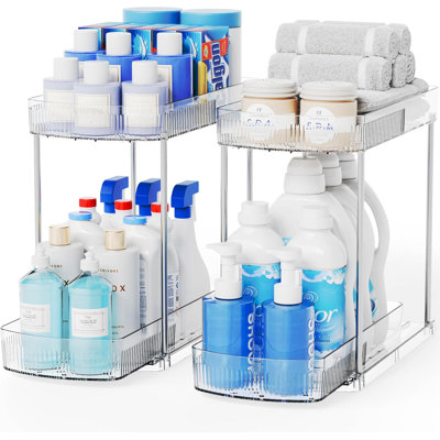 Under Sink Organizer 2-Pack, 12.8" Deep Pull Out Cabinet Drawers, 2-Tier Clear Bathroom Storage For Cleaning Supplies, Under Sink Kitchen Cabinet Organizer