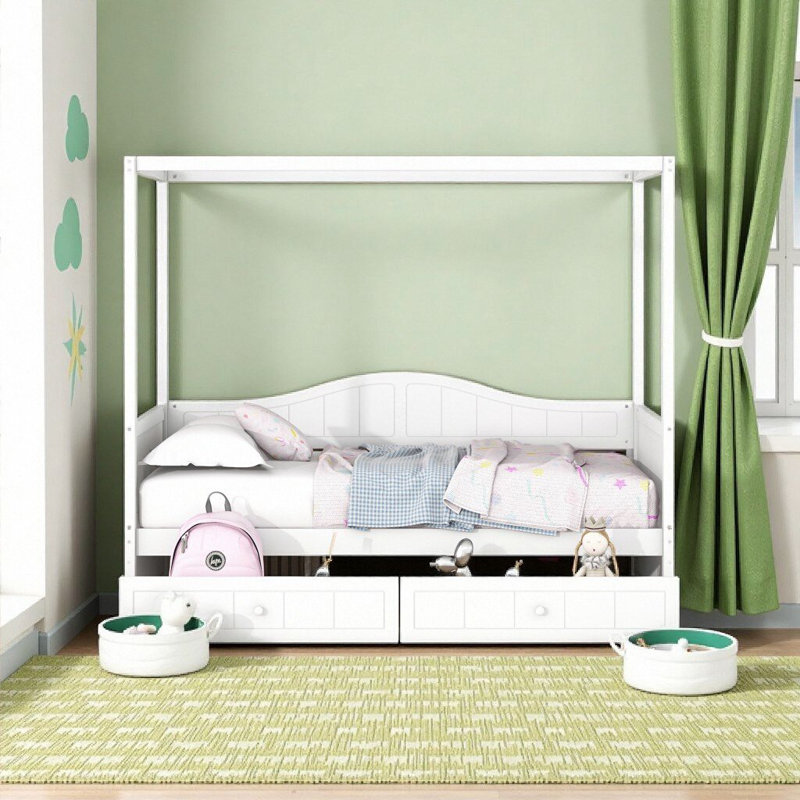 Lit de jour à baldaquin simple Royal Dreamy avec 2 tiroirs de rangement, blanc - Collection WildRose, Blanc