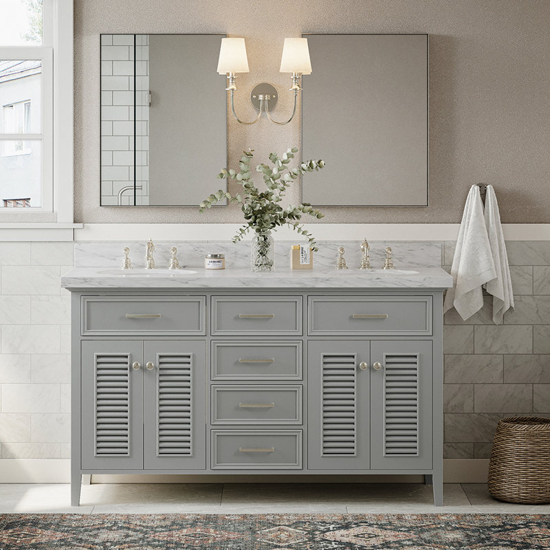 Kensington 61'' W Double Vanity, Oval, Gray, Carrara White Marble