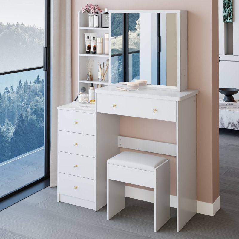 Meuble-lavabo de 37 po avec tabouret de chevet de taille moyenne 37 po + tabouret rembourré, très grand miroir coulissant à droite, rangement multi-couches grande capacité, commode pratique et pratique, convient aux grands espaces