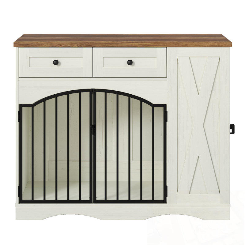Cage pour chien avec 3 tiroirs et mangeoire amovible, Beige et brun