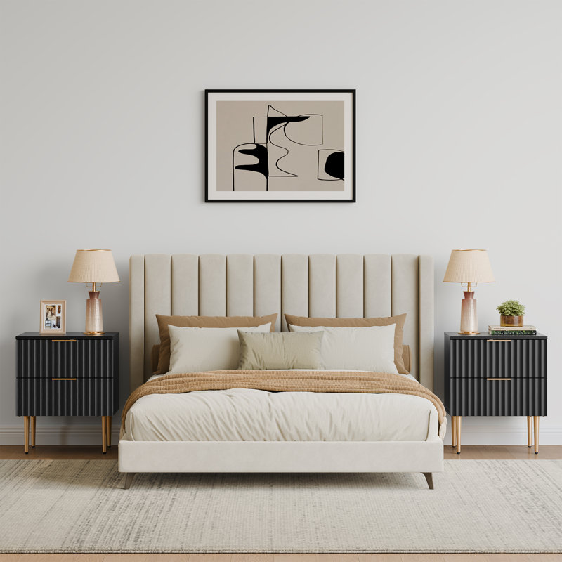 White and Gold Fluted 2-Drawer Nightstand Set