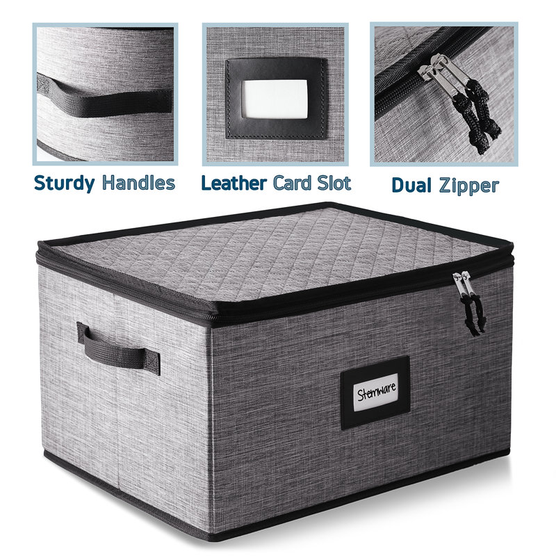 Gray Quilted Stackable Plastic Wine Glass Storage Box with Dividers