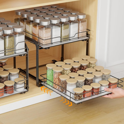 Pull Out Spice Rack Organizer For Cabinet, 2 Tier Metal Seasoning Organizer Slide Out Spice Storage Shelf, Heavy Duty Vertical Spice Rack Pullout For Kitchen, With Labels