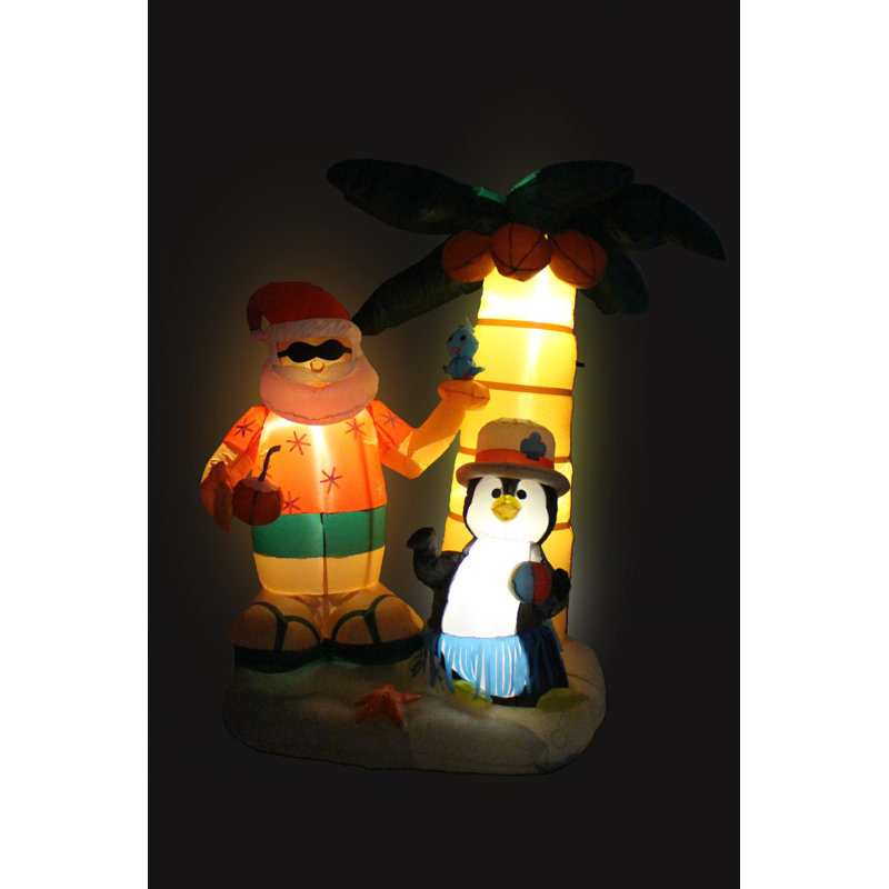 Décoration de jardin gonflable de Noël de 7 pieds avec Père Noël et cocotier avec pingouin