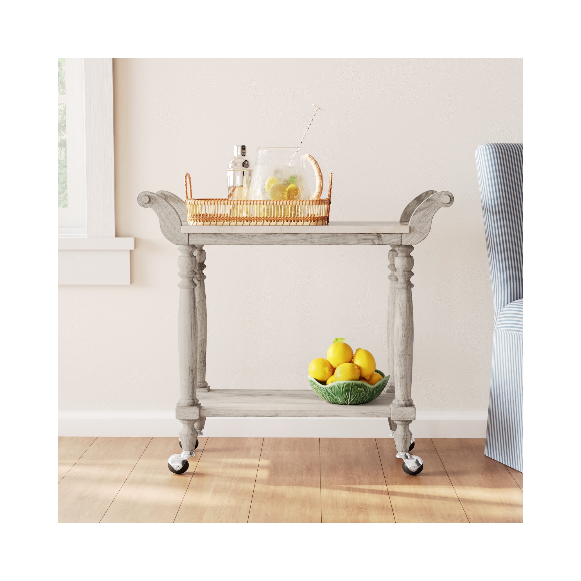 Aberdale Marble Top and Wood Bar Cart, Gray