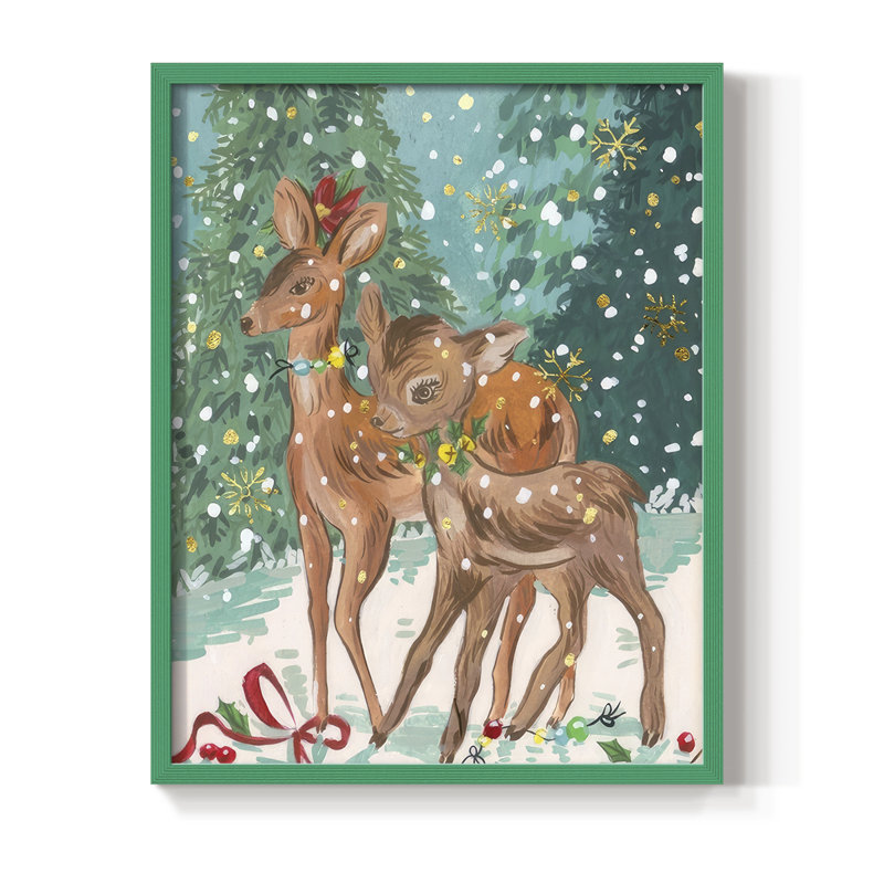 «Doe and Fawn I», reproduction encadrée - bois massif, H 15 po x l 12 po, Vert