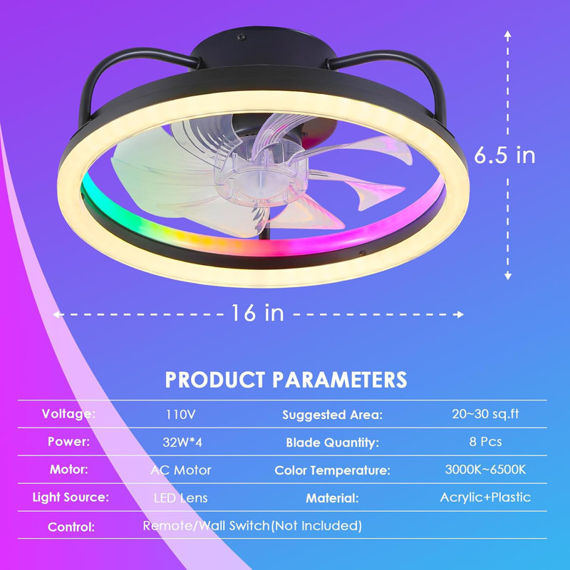 16 "petits ventilateurs de plafond encastrés modernes avec lumières RVB et télécommande