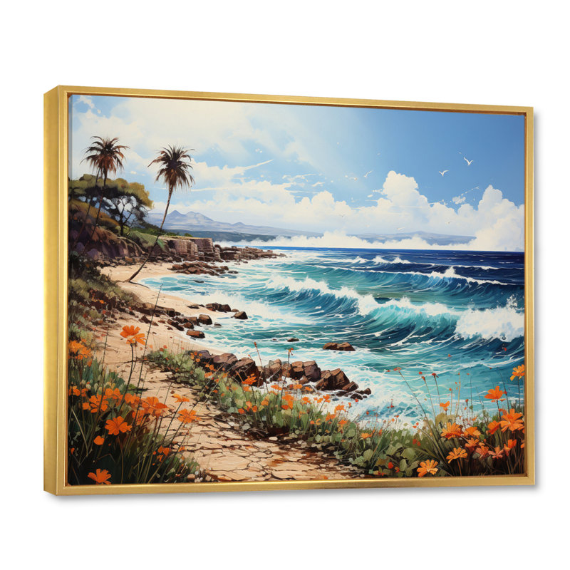 «Beach Tropical Paradise Pointillism I», reproduction d'art sur toile, H 24 po x l 32 po x P 1 po, Cadre flottant doré