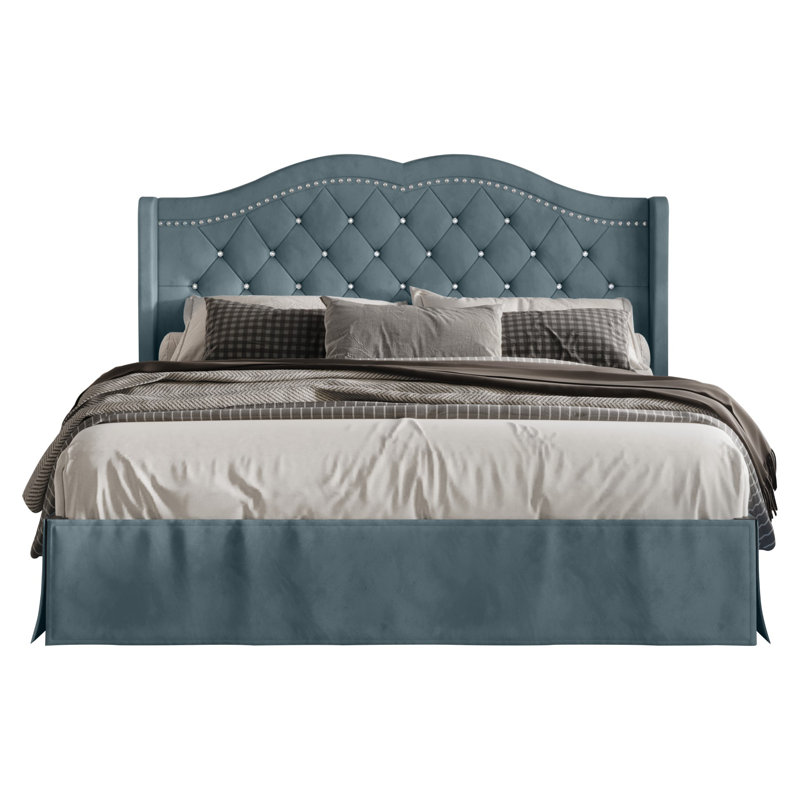 Lit plateforme tapissier simple Almanzo, Bleu, Grand