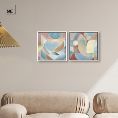 Pastel Geometric Harmony Canvas Print Livingroom Wall Art Set by Art Remedy, White Frame, 12 x 12