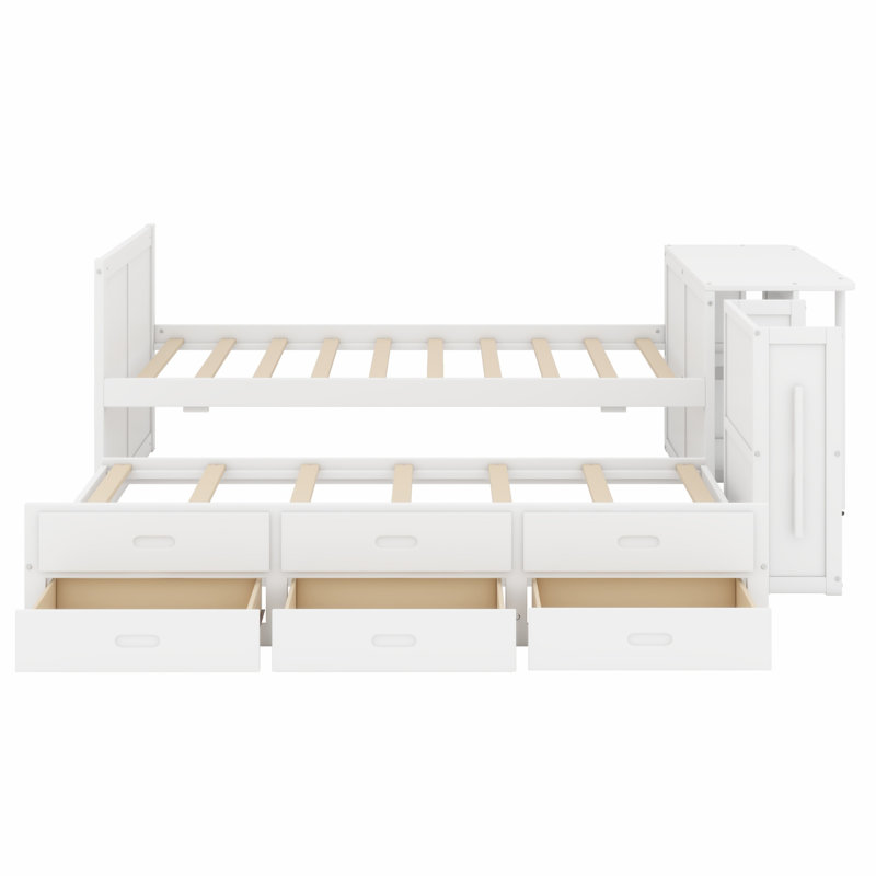 Lit plateforme moderne en bois, bureau d'étude et tablette de présentation, lit gigogne avec 3 tiroirs spacieux, White