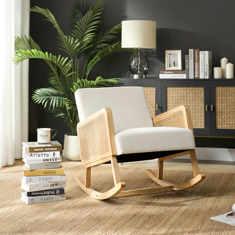 Annehild Rocking Upholstery Accent Chair with Rattan Arms, Beige