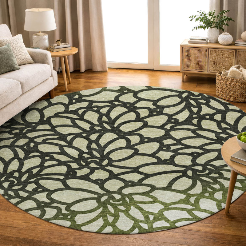 Premium Machine Washable Mayfield AMF2412 Floral Rug, Aloe, 8' Round