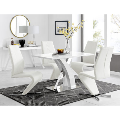 Marietta Chrome Metal and White High Gloss Dining Table Set - 4 Luxury Modern Dining Chairs
