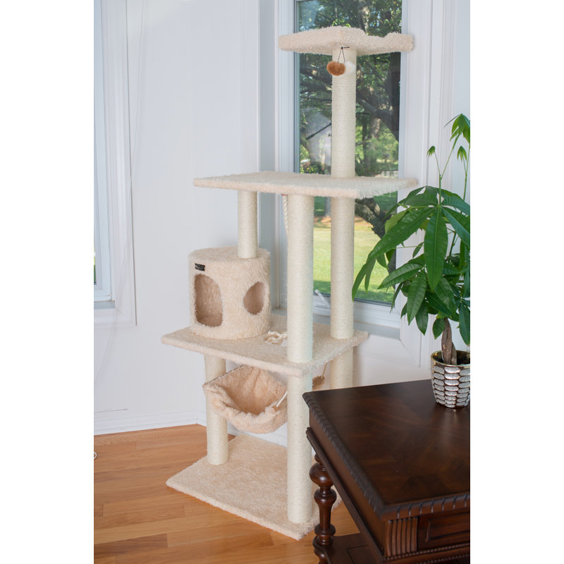 70'' Beige Faux Fur Multi-Level Cat Tree with Sisal Posts