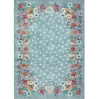 5x7 Green Floral Area Rug, Washable Non-Slip Low Pile Carpet for Living Room Bedroom
