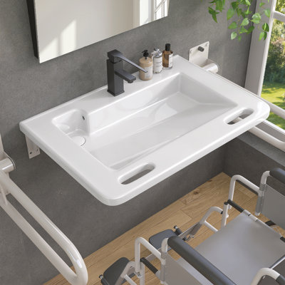 Lavabo de salle de bain mural 31,5 "x P 20,6" ADA avec bonde gauche en forme de L en céramique blanc brillant