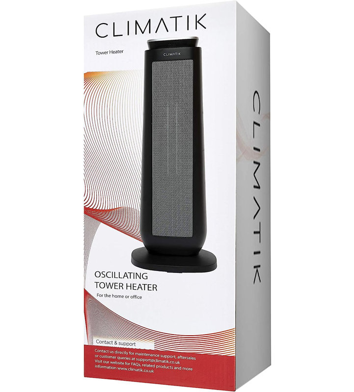 Climatik Oscillating Black Tower Fan Heater, 2 Power Settings, LED Display with Timer & Remote
