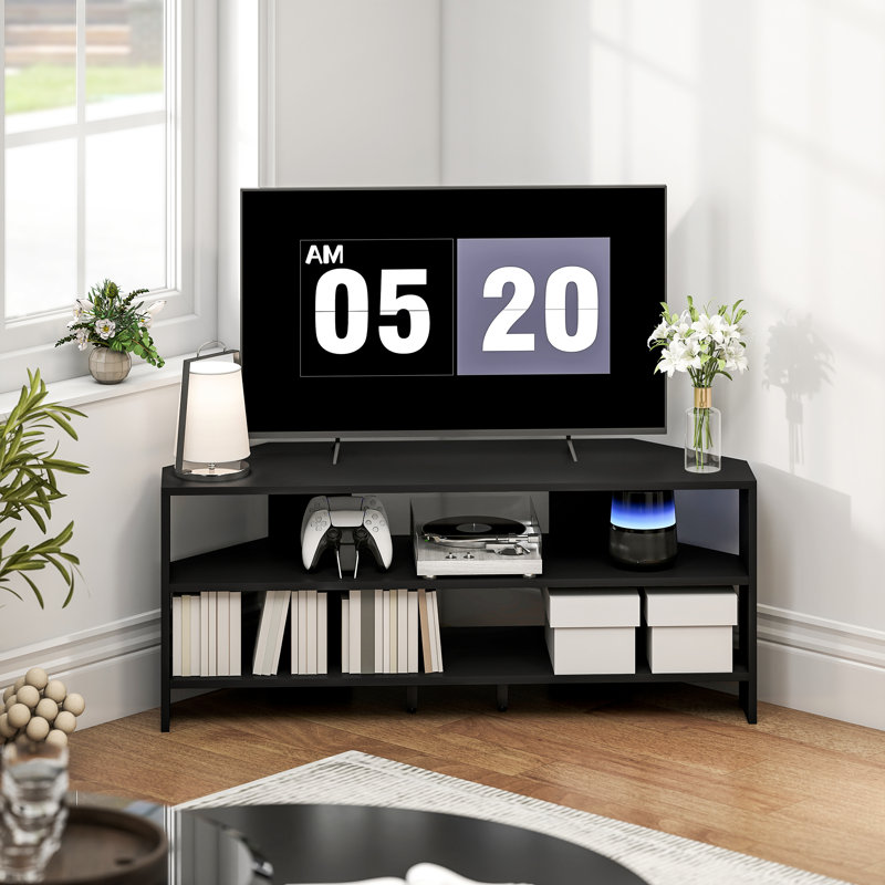 Meuble télé d'angle pour téléviseur de 47 po, console avec 2 tablettes ouvertes, noir